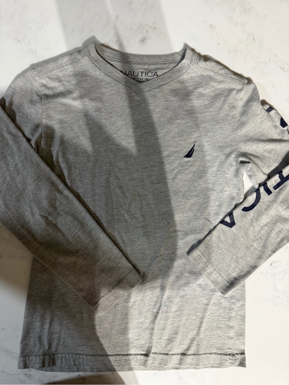 Nautica Light Heather Gray Long Sleeve Tee with Navy Sail Logo